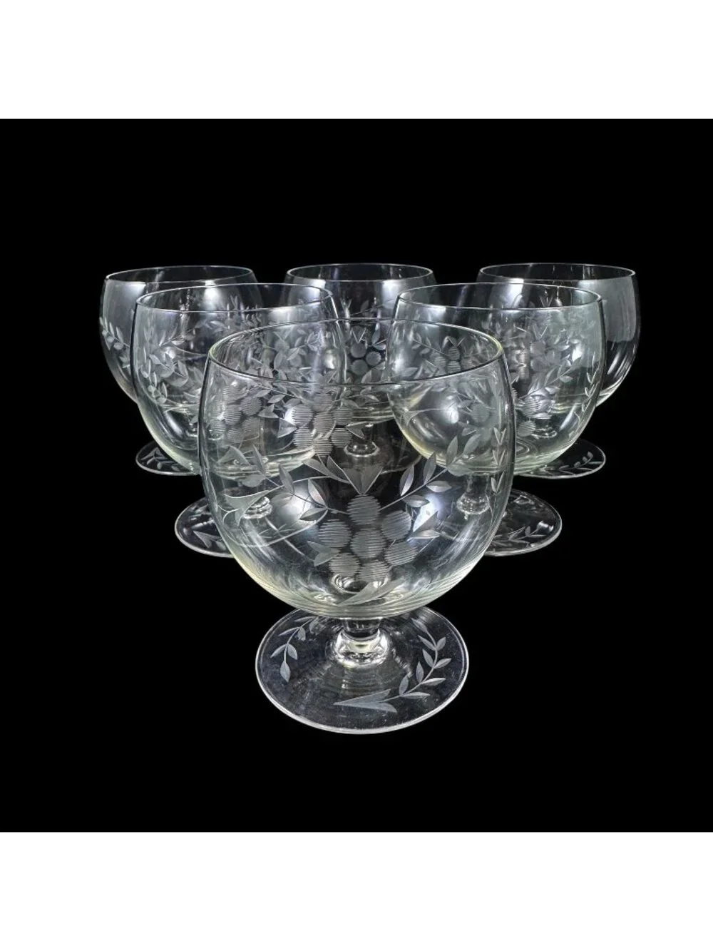Set of 6 Floral Etched Glasses Brandy Cognac Footed Snifter Vintage 1960s